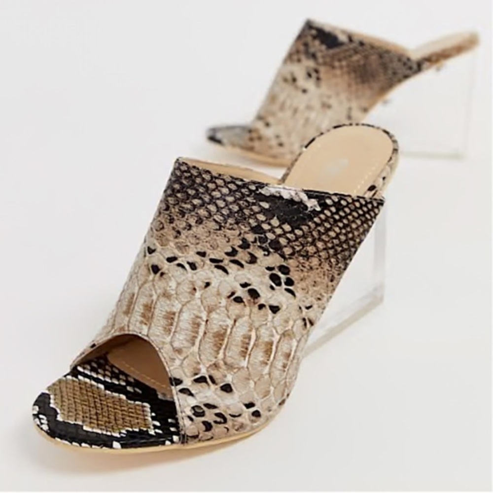 TAN ANIMAL PRINT CLEAR HEEL MULES